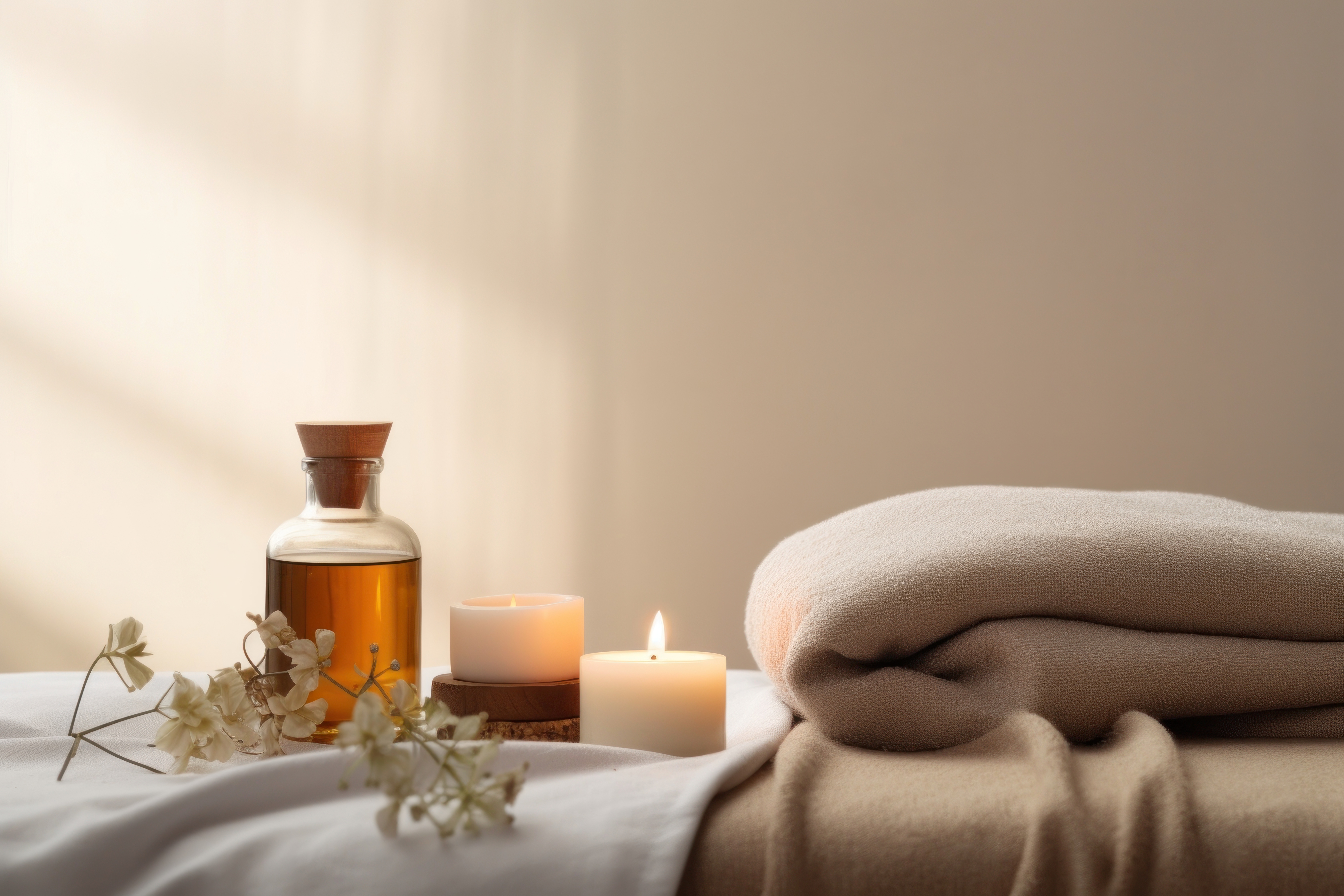 Atmosfera de spa com velas e óleos